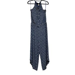 LOFT Beach Navy White Floral print Halter tie Jumpsuit Size M. Pool Party Cruise